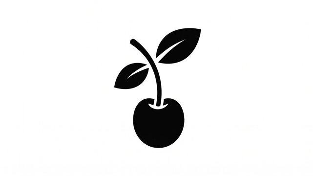 Simple black cherry silhouette icon with two small green leaves