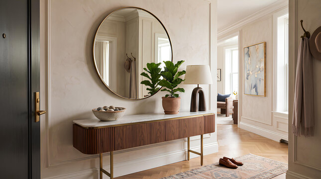 Modern luxury interior design with elegant home styling and premium furniture - Luxury apartment entryway with console table, roun