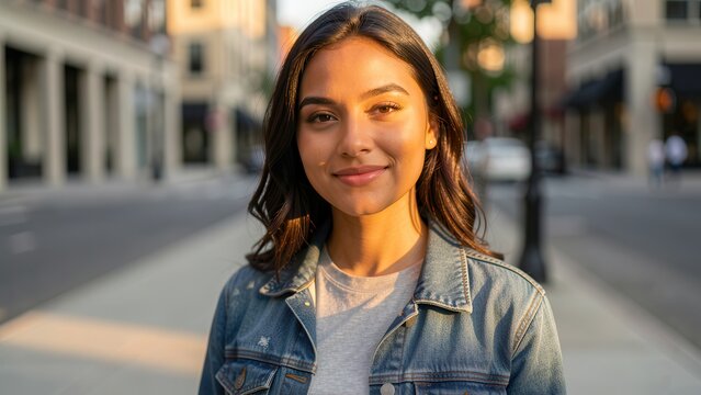 portrait of diverse latin woman smiling on urban street at golden hour natural light thoughtful contentment for commercial use
