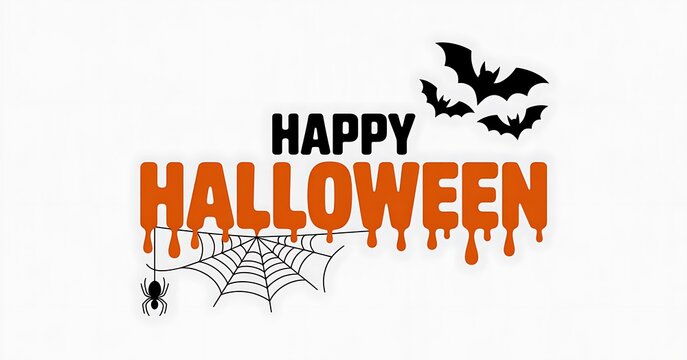 Happy halloween typography design with dripping orange text black bats and a spider web on white background