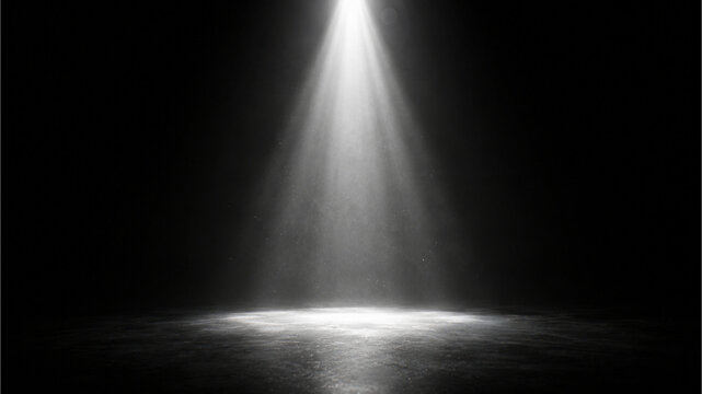 Dramatic white spotlight on dark stage floor, bright theater beam in smoky atmosphere, cinematic light effect for product presentation