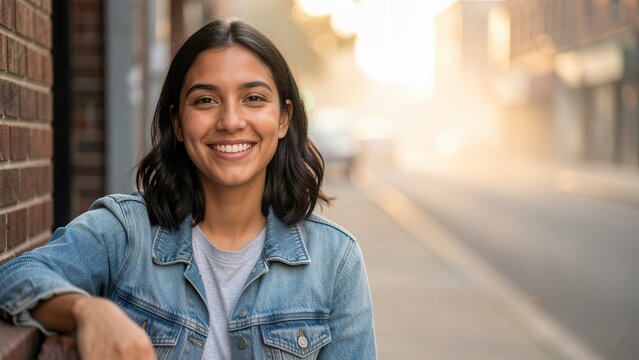 photorealistic portrait of smiling latinx woman on misty urban street golden hour soft natural light for lifestyle advertising