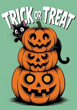 Cute illustration of a black cat sitting on a stack of three carved jack o lanterns for halloween