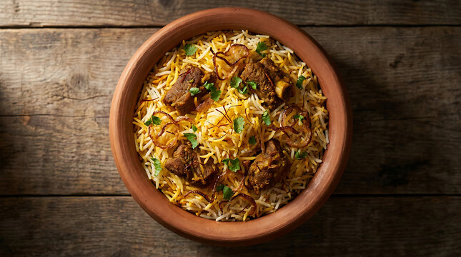 Traditional Indian Mutton Biryani Served in Large Clay Pot Handi with Raita and Wooden Spoon