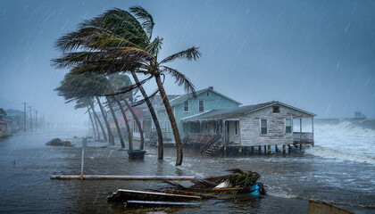 Naklejka na ściany i meble A dramatic, highcontrast shot of a hurricane striking a coastal town with no people. Powerful waves, driving rain, and bending palm trees evoke fear and climate change urgency. Atmospheric mood.