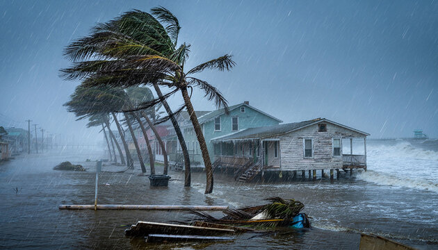 A dramatic, highcontrast shot of a hurricane striking a coastal town with no people. Powerful waves, driving rain, and bending palm trees evoke fear and climate change urgency. Atmospheric mood.