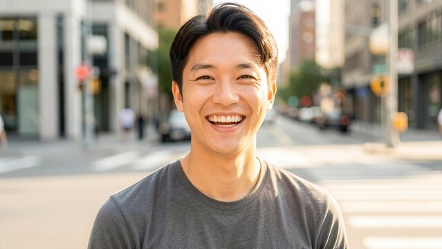 joyful young east asian man smiling confidently on bright city street corner perfect for lifestyle and business advertisement at golden hour