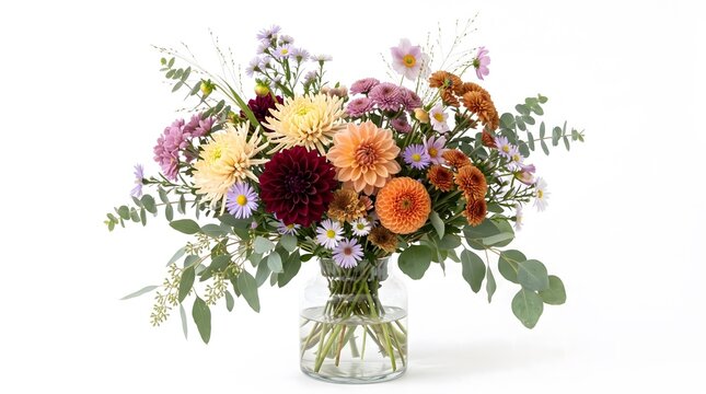 A vibrant and colorful autumn flower arrangement featuring blooming dahlias, spider chrysanthemums, and daisies paired with fresh eucalyptus greenery in a clear glass vase