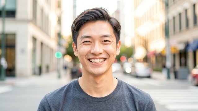 joyful young east asian man smiling confidently on bright city street corner perfect for lifestyle and business advertisement at golden hour