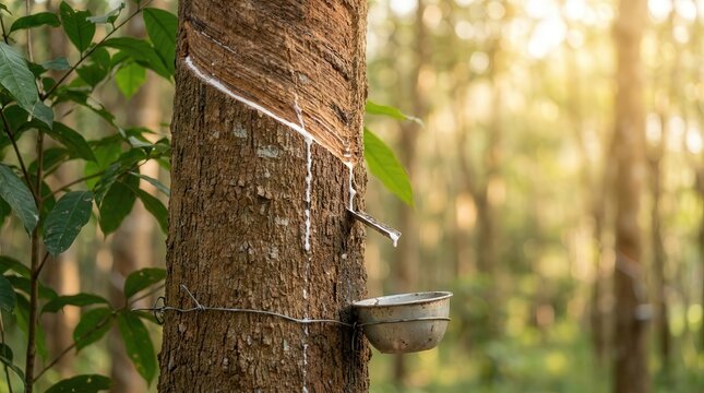 Rubber tree with fresh latex flowing into collection cup in plantation.