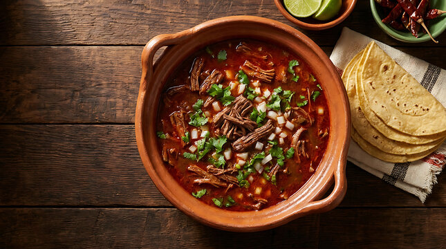Mexican Beef Birria Stew with Shredded Meat Cilantro and Corn Tortillas in Clay Bowl