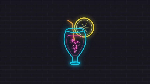 Glowing neon cocktail glass animation featuring bubbling liquid and citrus slice in vibrant motion video clip