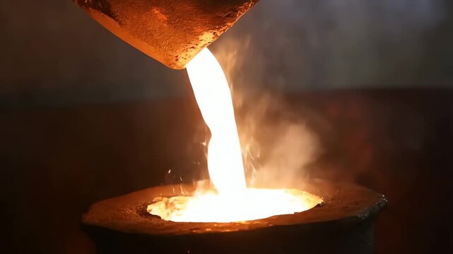 Molten metal pouring from crucible in foundry workshop during metal casting process