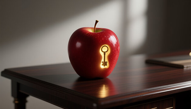 Red apple with keyhole symbol on wooden table in soft light  