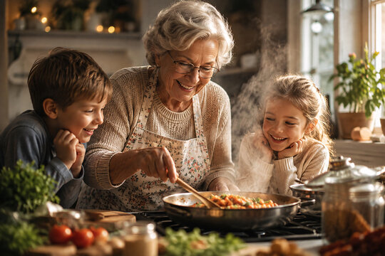Happy Grandmother Cooking with Grandchildren at Home