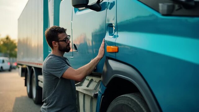 Truck Driver Checking His Vehicle.