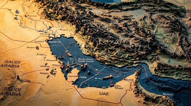 3D Relief Map of the Persian Gulf Featuring Oil Infrastructure and Geography
