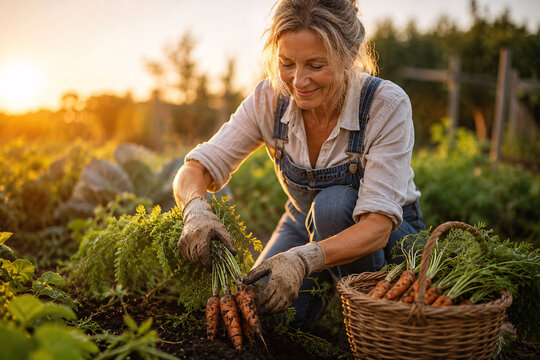 Smiling woman harvesting fresh organic carrots from a vegetable garden during golden hour promoting sustainable gardening and healthy food production