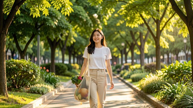optimistic young asian woman walking in sun-dappled urban park with reusable tote bag promoting sustainable lifestyle and green living