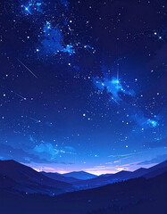 Fototapeta premium This stunning starry night sky digital illustration captures majestic mountain silhouettes at twilight. Nobody is there, evoking peaceful wonder and a deep sense of cosmic adventure.