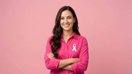 Fototapeta premium A smiling young woman wearing a pink shirt with a breast cancer awareness ribbon standing against pink background