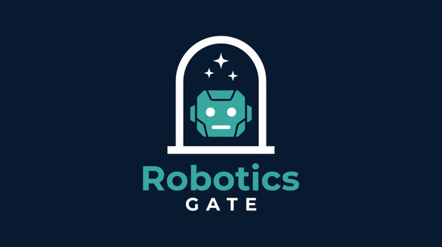 Robotics gate logo design featuring cute robot head silhouette inside portal architectural