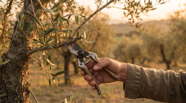 Gardener pruning olive tree branch with secateurs in golden sunset light