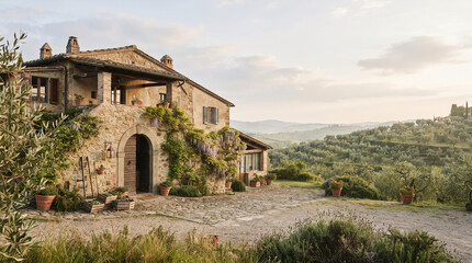 Naklejka premium Rustic Italian farmhouse with blooming wisteria overlooking olive groves