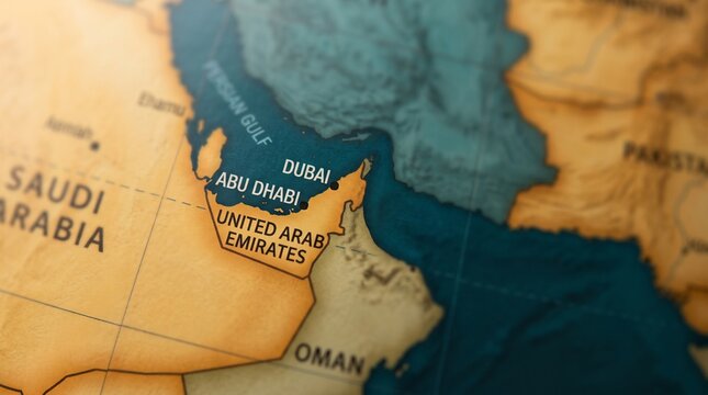Close up view of Dubai on a world map