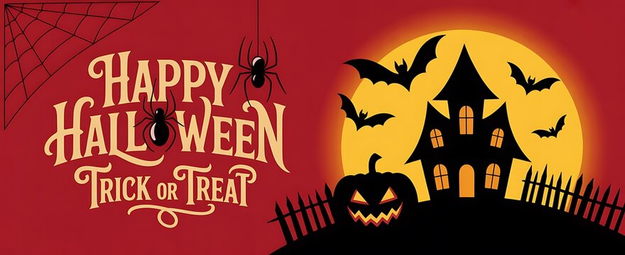 Happy halloween trick or treat banner with a spooky haunted house silhouette and a carved jack o lantern