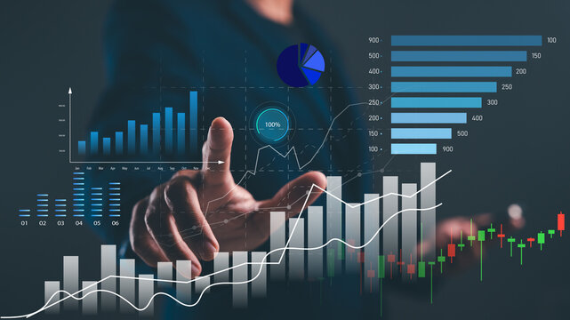 A business professional interacts with virtual financial charts and graphs showcasing data analysis, stock market trends, and performance metrics.
