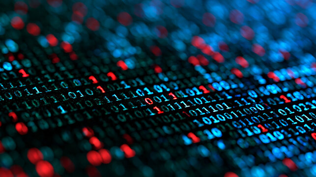 Digital binary code streaming with red and blue glowing data. Technology background for cyber security and programming.