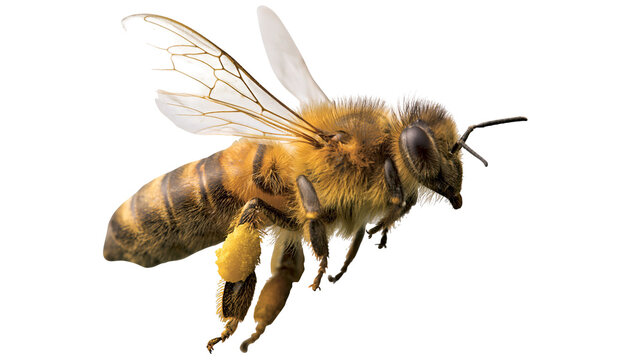 Honey bee with pollen on leg flying