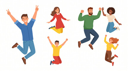 Fototapeta premium Cartoon illustration collection of diverse multiethnic people jumping for joy celebrating success and victory, isolated on white background