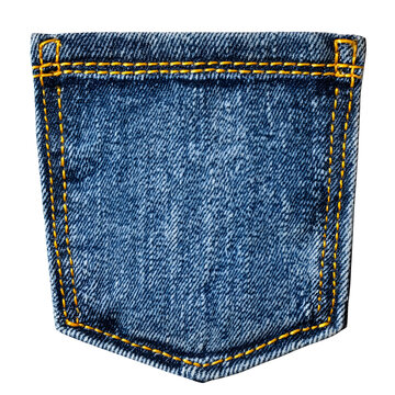 Blue denim jeans back pocket with yellow stitching isolated on transparent background.