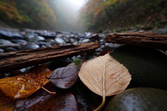 Autumn Forest Stream Bed with Wet Leaves and Wood