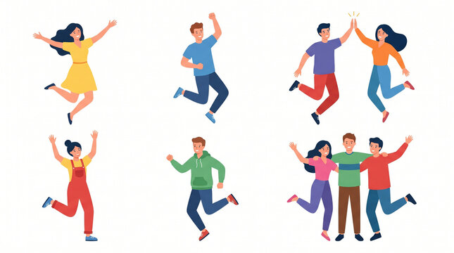 Cartoon illustration of a group of cheerful young people jumping for joy celebrating success and friendship, isolated on white background