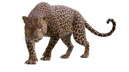 Naklejka premium Leopard walking forward full body detailed fur, white