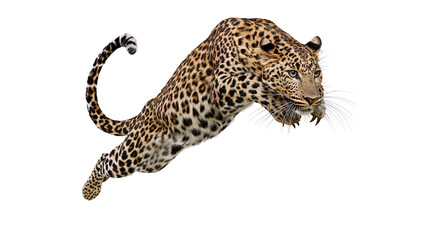 Leopard mid-air jump with spotted fur and long tail © Natalia