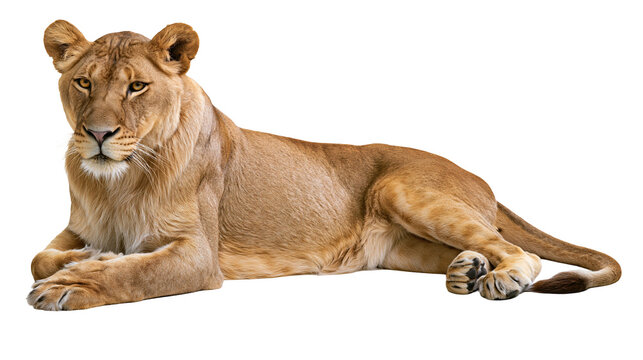 Lioness lying down, looking forward with alert eyes
