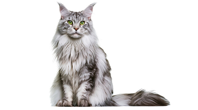 Maine Coon cat with silver tabby fur and green eyes sitting