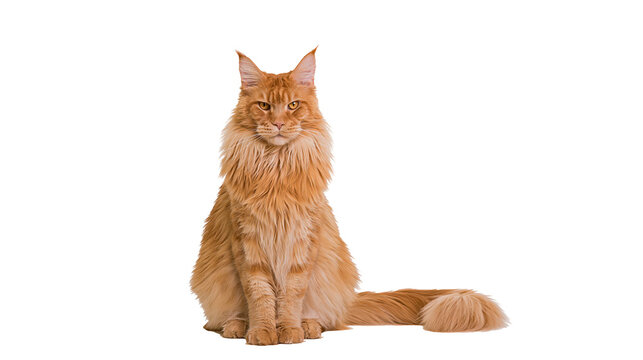 Orange Maine Coon cat sitting fluffy fur, long tail