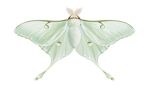 Pale green luna moth with large wings and feathery antennae