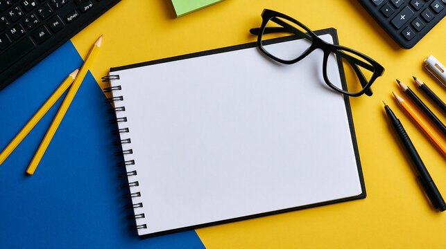 Blank spiral notebook with office supplies on yellow and blue background. Ideal for business and education design.