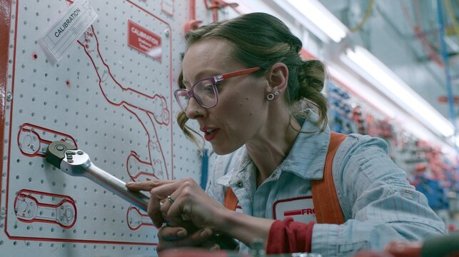 Female Quality Technician Checking Torque Wrench on Calibration Shadow Board
