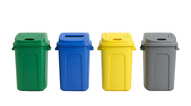 Colorful waste sorting bins set, plastic recycling containers for eco-friendly management, green blue yellow grey trash cans for recycling isolated PNG with Transparent Background