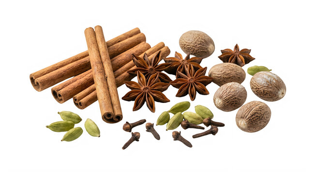 Dried aromatic spice mix of cinnamon sticks, star anise, cloves, cardamom and nutmeg with warm brown colors isolated PNG with Transparent Background