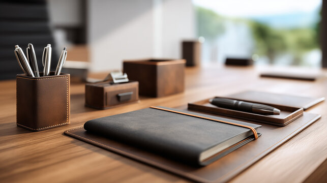 Premium black leather notebook with elegant office accessories on a wooden desk in a modern workspace. Business organization, productivity, planning, executive office.