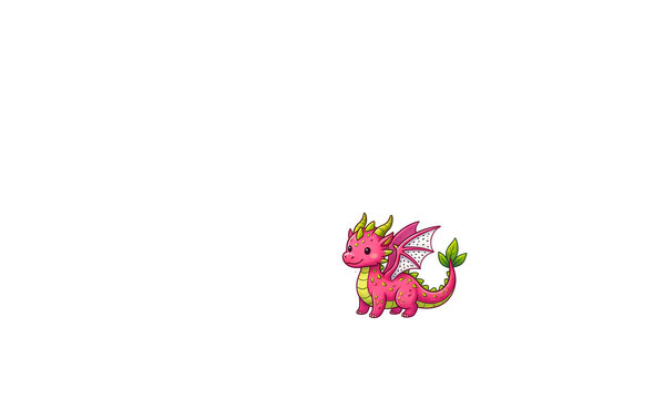 A small, cute, pink dragon with green wings and tail, standing, smiling, whimsical character, fantasy creature, illustration.