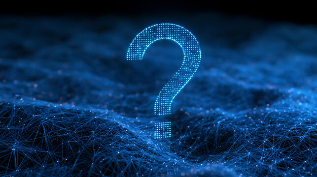 A glowing digital question mark hovers over a blue technology network background. Perfect for IT support and FAQ.
